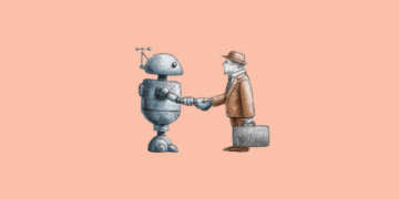 A robot and a business man shaking hands