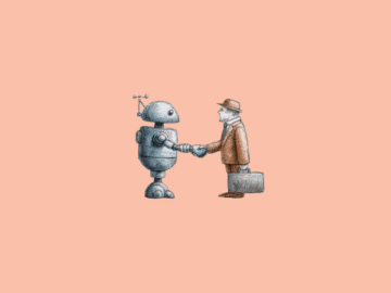 A robot and a business man shaking hands
