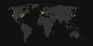 A rack of NVIDIA AI supercomputers with compute blades, representing advanced scientific research infrastructure.