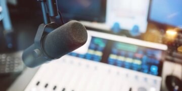 Close up of microphone in radio broadcast studio