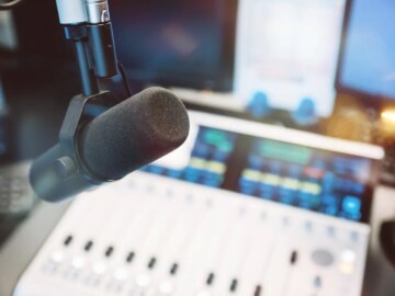 Close up of microphone in radio broadcast studio