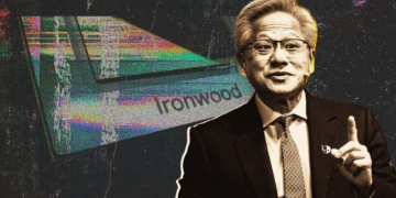 A man gesturing with his hand is superimposed over an abstract background featuring a colorful, distorted chip labeled 'Ironwood'.