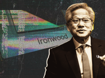 A man gesturing with his hand is superimposed over an abstract background featuring a colorful, distorted chip labeled 'Ironwood'.