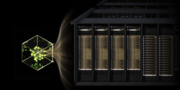 A server rack filled with NVIDIA GPUs is connected to a digital representation of a neural network.