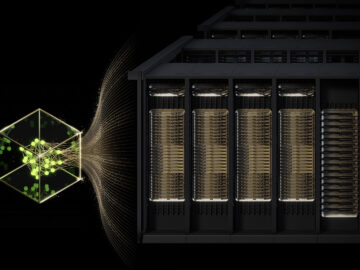 A server rack filled with NVIDIA GPUs is connected to a digital representation of a neural network.