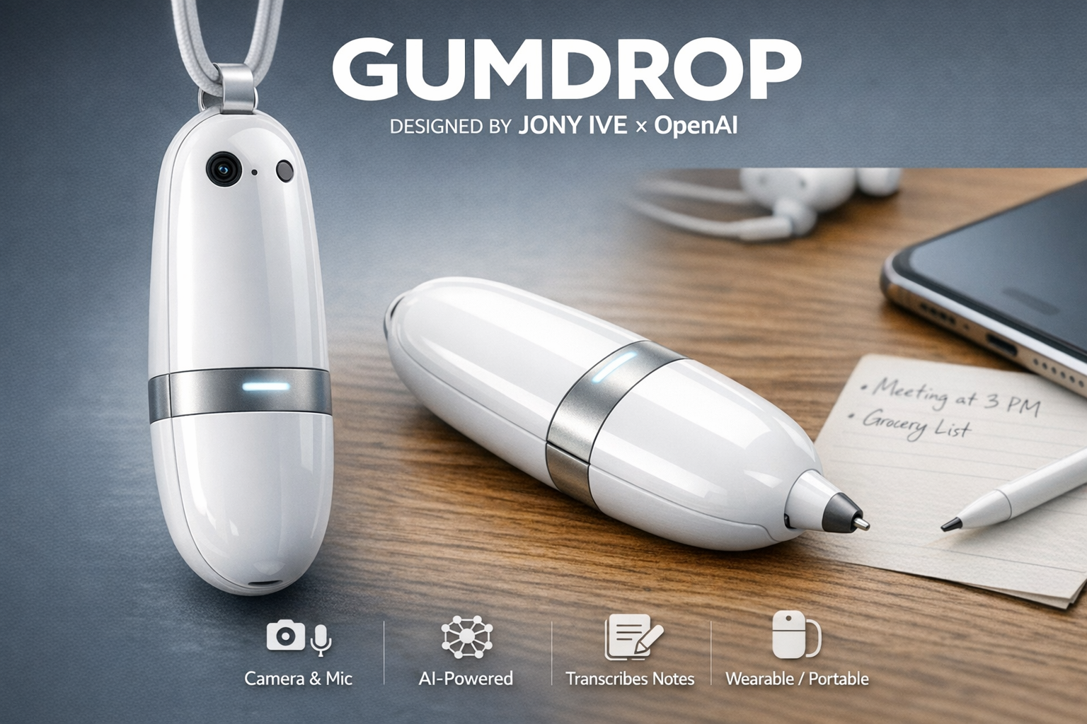 Концепт умной AI-ручки GUMDROP от OpenAI с камерой и микрофоном на рабочем столе.