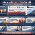 Инфографика Mixture of Experts (MoE) в ИИ — принцип работы, преимущества и примеры моделей.и