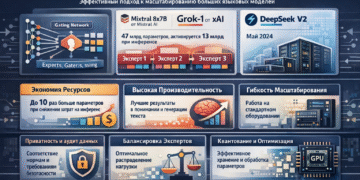 Инфографика Mixture of Experts (MoE) в ИИ — принцип работы, преимущества и примеры моделей.и