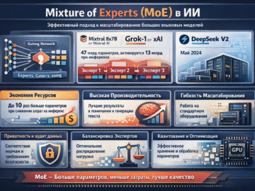 Инфографика Mixture of Experts (MoE) в ИИ — принцип работы, преимущества и примеры моделей.и