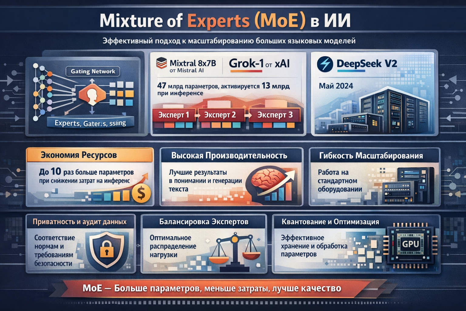Инфографика Mixture of Experts (MoE) в ИИ — принцип работы, преимущества и примеры моделей.и