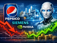 Акции PepsiCo, Siemens и NVIDIA: робот, завод, монеты и биржевой график с падением и ростом котировок на фоне технологий.