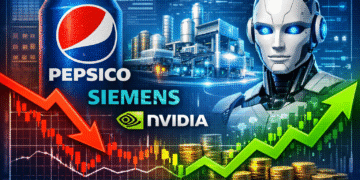 Акции PepsiCo, Siemens и NVIDIA: робот, завод, монеты и биржевой график с падением и ростом котировок на фоне технологий.