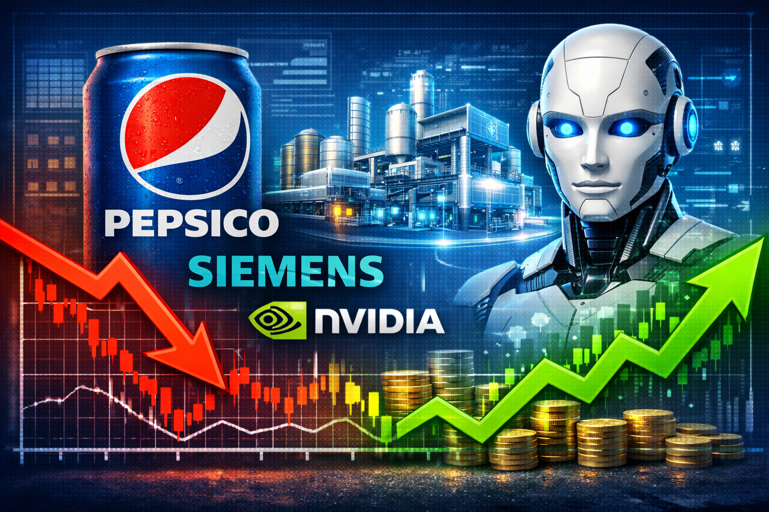 Акции PepsiCo, Siemens и NVIDIA: робот, завод, монеты и биржевой график с падением и ростом котировок на фоне технологий.