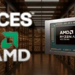 AMD Ryzen AI 400 chip with CES and AMD logos over golden data center background under TECHi branding.