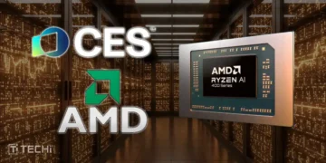 AMD Ryzen AI 400 chip with CES and AMD logos over golden data center background under TECHi branding.