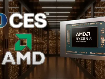 AMD Ryzen AI 400 chip with CES and AMD logos over golden data center background under TECHi branding.