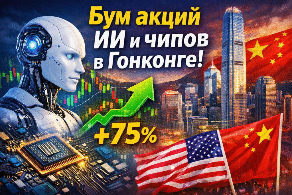 Бум акций ИИ и чипов в Гонконге: рост +75%, робот, микрочип, график вверх, флаги США и Китая