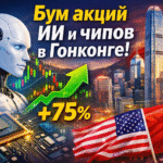 Бум акций ИИ и чипов в Гонконге: рост +75%, робот, микрочип, график вверх, флаги США и Китая