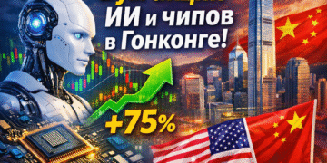Бум акций ИИ и чипов в Гонконге: рост +75%, робот, микрочип, график вверх, флаги США и Китая