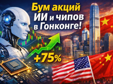 Бум акций ИИ и чипов в Гонконге: рост +75%, робот, микрочип, график вверх, флаги США и Китая
