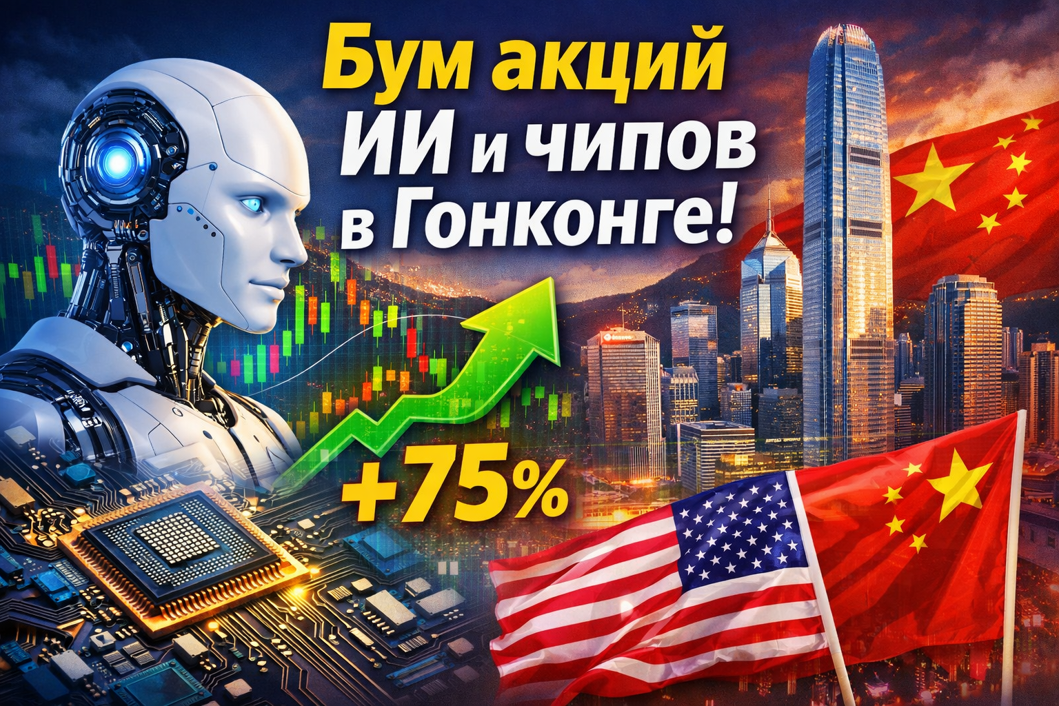 Бум акций ИИ и чипов в Гонконге: рост +75%, робот, микрочип, график вверх, флаги США и Китая