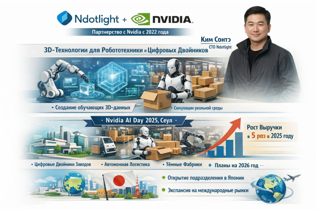 Инфографика о партнёрстве Ndotlight и NVIDIA — 3D-данные для робототехники, цифровые двойники и рост выручки.