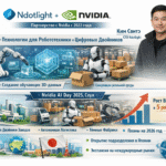 Инфографика о партнёрстве Ndotlight и NVIDIA — 3D-данные для робототехники, цифровые двойники и рост выручки.