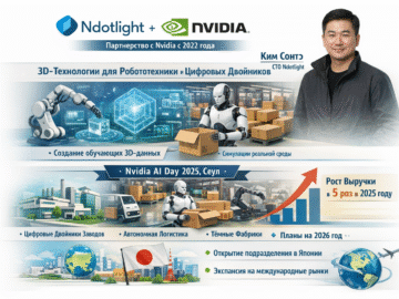Инфографика о партнёрстве Ndotlight и NVIDIA — 3D-данные для робототехники, цифровые двойники и рост выручки.