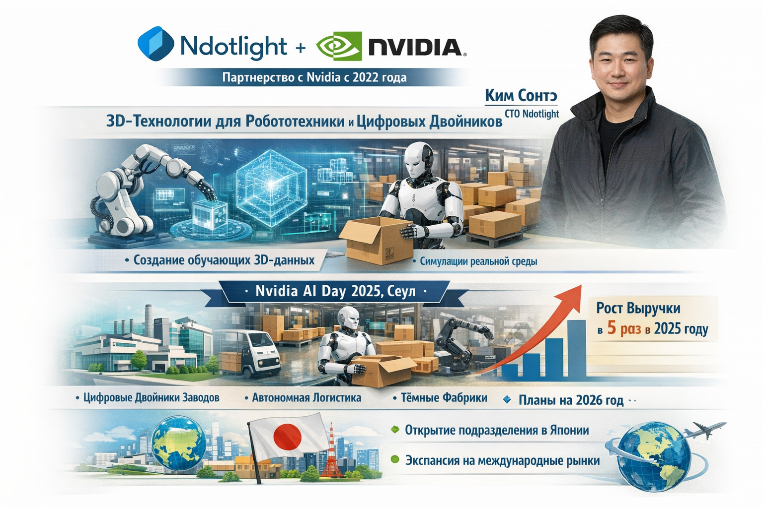 Инфографика о партнёрстве Ndotlight и NVIDIA — 3D-данные для робототехники, цифровые двойники и рост выручки.