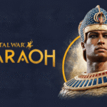 The Total War: PHARAOH game logo and title are displayed on the left, with a detailed bust of a pharaoh wearing an ornate headdress and collar on the right, set against a dark blue background with a subtle golden circle behind the pharaoh.
