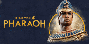 The Total War: PHARAOH game logo and title are displayed on the left, with a detailed bust of a pharaoh wearing an ornate headdress and collar on the right, set against a dark blue background with a subtle golden circle behind the pharaoh.