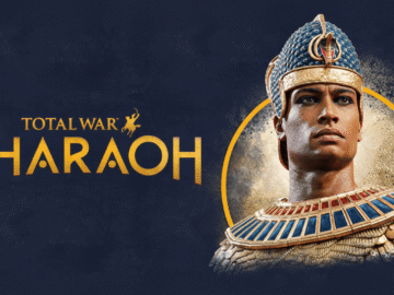 The Total War: PHARAOH game logo and title are displayed on the left, with a detailed bust of a pharaoh wearing an ornate headdress and collar on the right, set against a dark blue background with a subtle golden circle behind the pharaoh.