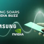 Samsung and NVIDIA logos with glowing stock chart and smartphone against green digital backdrop under TECHi branding.