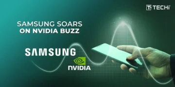 Samsung and NVIDIA logos with glowing stock chart and smartphone against green digital backdrop under TECHi branding.