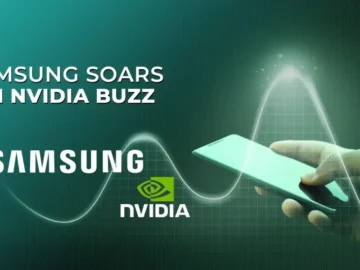Samsung and NVIDIA logos with glowing stock chart and smartphone against green digital backdrop under TECHi branding.