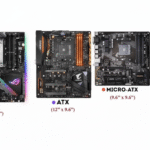 A comparison of four different motherboard sizes: EATX (12 x 13), ATX (12 x 9.6), Micro-ATX (9.6 x 9.6), and Mini-ITX (6.7 x 6.7). The motherboards are displayed on a clean white background.