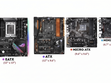 A comparison of four different motherboard sizes: EATX (12 x 13), ATX (12 x 9.6), Micro-ATX (9.6 x 9.6), and Mini-ITX (6.7 x 6.7). The motherboards are displayed on a clean white background.