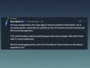 A screenshot of an Elon Musk tweet announcing xAIs reorganization, stating that the company parted ways with some people and is now hiring aggressively. The tweet is set against a professional flat design background with soft patterns.
