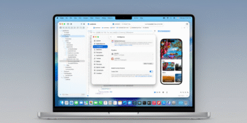 A MacBook Pro displaying Xcode with an open project and a settings window for Intelligence, alongside an iPhone 15 Pro showing a travel app.