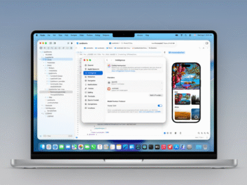A MacBook Pro displaying Xcode with an open project and a settings window for Intelligence, alongside an iPhone 15 Pro showing a travel app.