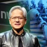 NVIDIA AI leadership graphic with Jensen Huang, robots at terminals, and company logo under TECHi branding.