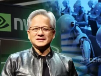 NVIDIA AI leadership graphic with Jensen Huang, robots at terminals, and company logo under TECHi branding.