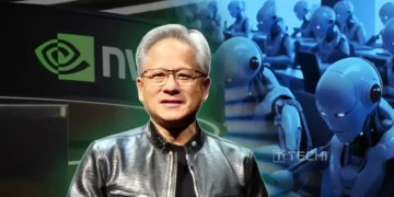 NVIDIA AI leadership graphic with Jensen Huang, robots at terminals, and company logo under TECHi branding.